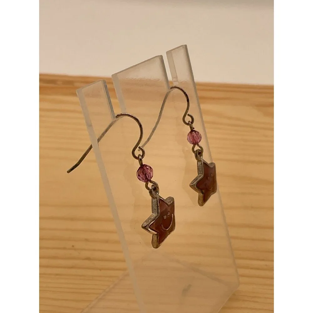 Smiley Star Dangle Earrings With Pink Beads